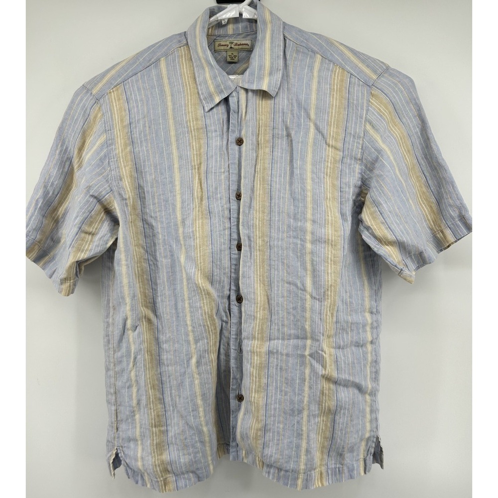 Tommy Bahama 100% Linen Short Sleeve Button Down Shirt Blue Cream Striped XL‎